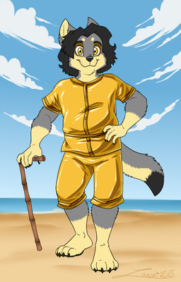 anthro beach bikini cane clothing gold_bikini golden_clothing male solo swimwear trend two-piece_swimsuit vintage zooshi zooshi_(character) canid canine canis mammal wolf 2025 absurd_res hi_res meme