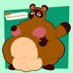 2024 absurd_res animal_crossing anthro balls big_balls big_moobs blue_eyes brown_body brown_ears brown_fur brown_nose brown_tail canid canine digital_media_(artwork) english_text fur gameplay_mechanics genitals half-closed_eyes hand_on_belly hand_on_moob hand_on_own_belly hi_res huge_balls hyper hyper_balls hyper_genitalia itsme_hilo male mammal moobs multicolored_body multicolored_ears multicolored_fur narrowed_eyes nintendo nipples obese obese_anthro obese_male overweight overweight_anthro overweight_male penis pink_nipples raccoon_dog small_penis solo standing tail tanuki text text_box three-quarter_view tom_nook_(animal_crossing) two_tone_ears two_tone_tail