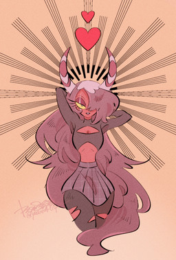 cleavage_cutout clothed clothing cutout female fully_clothed hair heart_symbol horn long_hair not_furry red_body red_skin solo yasutak1192 hellaverse helluva_boss sallie_may_(helluva_boss) demon demon_humanoid humanoid imp absurd_res hi_res signature trans_(lore) trans_woman_(lore)