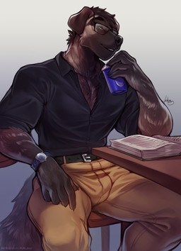 anthro arm_hair belt beverage black_belt black_body black_dress_shirt black_eyebrows black_fur black_hair black_nose body_hair book bulge chair cheek_tuft chest_hair claws clock clothed clothed_male clothing collared_shirt desk dress_shirt eyebrows facial_tuft floppy_ears forearm_muscles fully_clothed fully_clothed_male fur furgonomics furniture gradient_background grey_body grey_fur grey_stripes hair holding_beverage holding_object khaki_pants looking_at_viewer male male_anthro muscular muscular_male open_book rolled-up_sleeves shirt short_hair simple_background sitting solo stripes table tail text topwear tuft unbuttoned_shirt veiny_hands watch furlana canid canine canis domestic_dog mammal 2025 hi_res shaded signature soft_shading url