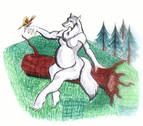 ambiguous_gender anthro belly big_breasts blue_eyes breasts duo featureless_breasts female feral grass log plant pregnant pregnant_female sitting tree wood danellz arthropod butterfly canid canine canis insect lepidopteran mammal wolf traditional_media_(artwork)