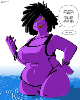 anthro belly big_belly big_breasts black_hair bracelet braided_hair breasts clothing dialogue electronics female hair jewelry overweight overweight_anthro overweight_female phone purple_body simple_background smile solo speech_bubble swimwear text thick_thighs water wide_hips kronodume deltarune undertale_(series) susie_(deltarune) reptile scalie absurd_res english_text hi_res