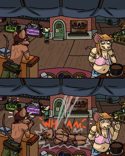 advertisement anthro armband balls band-aid bandage bar bdsm belt beverage blue_berry bondage bondage_gear bored bottomwear bound breasts buying candy chocolate cleavage clock clothed clothing coat confusion crop_top dessert ear_piercing ear_ring eyewear fangs feet female food gag genitals goggles group gun happy hogtied hotpants humiliation hungry impact jewelry kerchief knife lab_coat licking licking_lips male male/female market market_stall micro money muscular nude oversized_clothing pain partially_clothed peanut_butter_cup pecs penis piercing potion public purse ranged_weapon ring_piercing selling serious_face shirt shorts skinny sleeping slightly_chubby soda startled submissive submissive_male sugar sugar_cube tail teeth text thread tongue tongue_out topwear torn_ear underwear vest waking_up watch weapon myaxy domestic_cat felid feline felis mammal mouse murid murine rodent 4:5 absurd_res comic hi_res