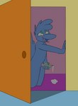 ahegao anthro behind_door bodily_fluids cum dark_room drooling genital_fluids kneeling looking_pleasured male penetrable_sex_toy saliva sex_toy solo bluetwigbird twig_(bluetwigbird) avian bird