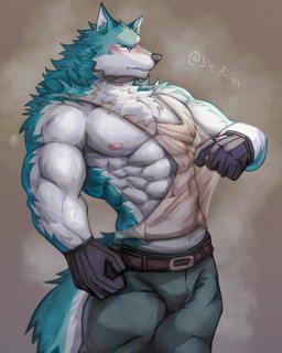 abs anthro biceps big_muscles blue_body blue_fur clothed clothing collar fur huge_muscles male multicolored_body multicolored_fur muscular muscular_anthro muscular_male neck_tuft nipples pecs simple_background solo tail translucent translucent_clothing tuft two_tone_body two_tone_fur white_body white_fur sir_arion brand_new_animal studio_trigger shirou_ogami canid canine canis mammal wolf absurd_res hi_res