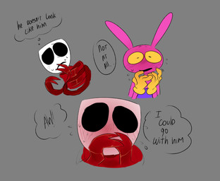 4_fingers anthro blush blush_lines bodily_fluids covering covering_mouth duo female fingers flustered male mask motion_lines nervous nervous_smile nervous_sweat scribble_eyes sweat sweatdrop thought_bubble karnthud glitch_productions the_amazing_digital_circus evil_jax_(tadc) gangle_(tadc) animate_inanimate humanoid lagomorph leporid living_mask mammal rabbit absurd_res hi_res