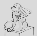 4_fingers anthro big_butt butt clothing ears_down female fingers half-closed_eyes huge_butt looking_at_viewer looking_back narrowed_eyes pivoted_ears simple_background sitting solo thick_thighs topwear reddrago disney zootopia judy_hopps lagomorph leporid mammal rabbit 2021 absurd_res hi_res monochrome