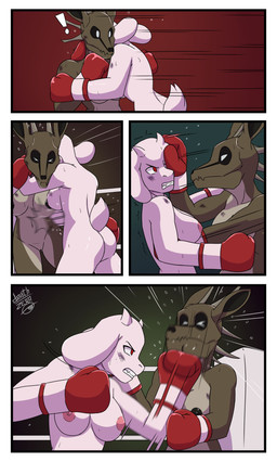 anthro arms_around_neck boxing boxing_gloves boxing_gloves_only breasts bruised butt casual_nudity clothing dark_nipples duo emanata exclamation_point female female/female fight fighting_ring fur genitals hand_on_face handwear handwear_only impact_lines mature_female mostly_nude mostly_nude_anthro mostly_nude_female nipples nude punch red_eyes sport vulva deathzera spooky's_jump_scare_mansion undertale undertale_(series) specimen_8 toriel boss_monster_(undertale) mammal 2020 comic digital_media_(artwork) hi_res