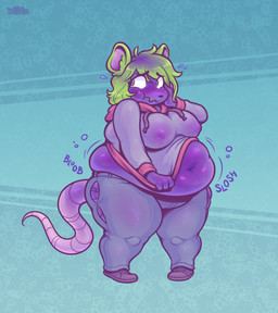 anthro belly belly_expansion big_breasts blueberry_inflation blush bodily_fluids bottomwear breasts clothing expansion female footwear green_background green_hair hair hoodie inflation lactating looking_aside overweight pants purple_body shoes simple_background solo standing tail topwear torn_clothing weight_gain wide_hips keffotin syliana_(saelria) mammal mouse murid murine rodent 2021 digital_media_(artwork) hi_res