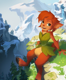 anthro bracelet clothed clothing female fur grass green_eyes hair jewelry leaf_clothing looking_at_viewer mountain plant short_hair sitting sitting_on_ground smile snow solo teeth vines waterfall xannador activision spyro_reignited_trilogy spyro_the_dragon elora faun faun_(spyro) 2026 absurd_res digital_drawing_(artwork) digital_media_(artwork) hi_res