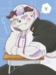 anthro blush clothing desk fur furniture hair heart_symbol hoodie horn looking_at_viewer male overweight purple_hair sitting solo table topwear white_body white_fur tyumuta_03 lifewonders tokyo_afterschool_summoners behemoth_(tas) monster 3:4 hi_res