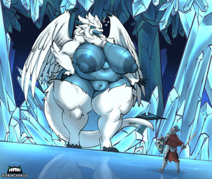anthro areola big_breasts biped blue_areola blue_body blue_nipples breasts clothed clothing duo female female_anthro fur genitals heart_symbol holding_object holding_weapon huge_breasts ice knight larger_anthro larger_female melee_weapon multicolored_body nipples nude obese obese_female overweight overweight_anthro overweight_female shield size_difference smaller_human sword thick_thighs vulva warrior weapon white_body ze_blackball.d mythology dragon human mammal mythological_creature mythological_scalie scalie absurd_res hi_res