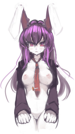 alternate_species anthro bodily_fluids breasts female fur furrification hair long_hair looking_at_viewer naturally_censored navel necktie nipples purple_hair red_eyes simple_background solo sweat white_background white_body white_fur toribako touhou reisen_udongein_inaba lagomorph leporid mammal rabbit 2015