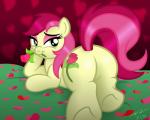 bedroom_eyes butt cutie_mark female flower green_eyes hair half-closed_eyes looking_back narrowed_eyes petals plant red_hair rose_(flower) seductive smile solo aleximusprime friendship_is_magic hasbro my_little_pony rose_(mlp) earth_pony equid equine horse mammal pony 5:4