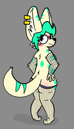 angry anthro arm_tuft armwear bent_legs big_ears blush breasts butt_slap clothing convenient_censorship ear_markings ear_piercing ear_ring elbow_tuft embarrassed exposed_breasts female fishnet_armwear fishnet_clothing fishnet_legwear fur gold_(metal) gold_jewelry hair hip_markings inner_ear_fluff jewelry knock-kneed leg_markings legwear looking_at_viewer markings neck_tuft nude piercing pouting rear_view ring_piercing shortstack shortstack_female slap solo spanking tail tail_markings tan_body tan_fur teal_hair teal_markings tuft frailfennec alex_owens_(frailfennec) canid canine fennec_fox fox mammal true_fox hi_res