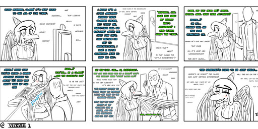 anthro bald base_two_layout blush boxers_(clothing) clothed clothing computer dialogue duo electronics feathered_wings feathers featureless_face female greeting grid_layout hair humor jewelry long_hair long_snout male pantsless profanity six_frame_grid six_frame_image snout teacher text two_row_layout underwear wings seven_(artist) cavemanon_studios goodbye_volcano_high ko_op_(game_developer) snoot_game anon_(snoot_game) fang_(gvh) human mammal prehistoric_species pterosaur reptile scalie absurd_res comic english_text hi_res monochrome