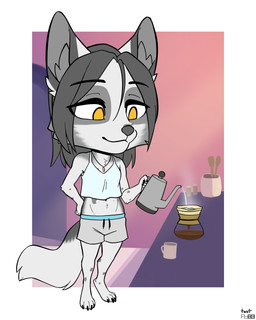 anthro barefoot beverage bottomwear cheek_tuft chest_tuft chibi clothed clothing coffee coffee_mug crop_top digitigrade facial_tuft feet female flat_chested fur grey_body grey_fur grey_hair hair inner_ear_fluff jewelry kettle midriff navel pendant shirt shorts slim solo standing tail tank_top topwear tuft white_body white_bottomwear white_clothing white_crop_top white_fur white_shirt white_shorts white_tank_top white_topwear yellow_eyes foxboy83 tootaloo vixen_logic marble_(vixen_logic) canid canine fox mammal marble_fox red_fox true_fox 4:5 colored digital_media_(artwork) flat_colors full-length_portrait hi_res portrait