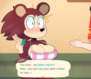 5_fingers ambiguous_gender anthro apron apron_only big_breasts big_ears big_eyes biped black_eyes black_nose blush breasts brown_body brown_fur brown_hair cleavage clothed clothing coupon curvy_figure dark_body dark_fur dialogue disembodied_hand duo emanata female female_anthro female_focus fingers freckles front_view fur gloves_(marking) hair header header_box humanoid_hands light_body light_skin looking_at_another markings mostly_nude o_o offscreen_character pale_skin partially_clothed pattern_clothing pink_clothing plaid plaid_clothing short_tail solo_focus speech_bubble standing striped_markings striped_tail stripes surprised tail tail_markings talking_to_another tan_body tan_skin text text_header ticket voluptuous voluptuous_anthro voluptuous_female wide_hips somescrub animal_crossing nintendo sable_able eulipotyphlan hedgehog mammal 2020 absurd_res english_text hi_res