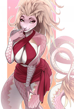 anthro biped breasts clothed clothed_anthro clothed_female clothing female fingers front_view hair looking_at_viewer scales simple_background smile solo standing tail amur reptile scalie snake 2026 digital_drawing_(artwork) digital_media_(artwork) hi_res