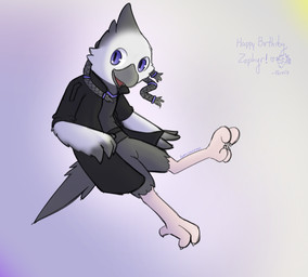 anthro beak braided_hair clothed clothing coat feathers feet grey_body grey_feathers hair looking_at_viewer partially_clothed talons toes topwear trenchcoat white_body white_feathers ferrissimulator avian bird cockatiel cockatoo parrot colored hi_res