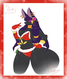 anthro bell big_breasts black_body black_fur breasts christmas_bikini clothing ear_pearcing female fur gloves glowing glowing_eyes hair handwear holidays looking_at_viewer markings neck_brace purple_eyes purple_hair smile solo swimwear tail thick_thighs two-piece_swimsuit wide_hips yellow_markings yellow_sclera averyshadydolphin christmas canid canine canis jackal mammal 2015 character_request hi_res signature unavailable_at_source