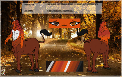 brown_body color_swatch heterochromia hooves looking_at_viewer looking_back male multicolored_body orange_body photo_background solo split_form tail tail_tuft text tuft white_body white_nose verk_(artist) verk canid canid_taur canine canine_taur equid equid_taur equine equine_taur mammal mammal_taur taur 2021 digital_drawing_(artwork) digital_media_(artwork) french_text model_sheet photography_(artwork)