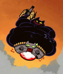 anthro black_body black_fur chest_tuft fangs fur grin grinning_at_viewer laser_gun looking_at_viewer male meowitzer_(enter_the_gungeon) moobs morbidly_obese morbidly_obese_anthro obese obese_anthro obese_male overweight overweight_anthro overweight_male ranged_weapon slapping_belly smile smiling_at_viewer solo sunset_background teeth tuft weapon yellow_sclera witching-hours enter_the_gungeon domestic_cat felid feline felis mammal