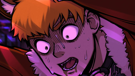arm_support bodily_fluids brown_ears chain close-up collar eyebrows fangs hair male o-ring o-ring_collar orange_eyebrows orange_hair solo sweat sweaty_face teeth vomit vomit_on_face wide_eyed toxicsoul77 goretober mob_psycho_100 one_(manga) reigen_arataka animal_humanoid canid canid_humanoid canine canine_humanoid fox fox_humanoid humanoid mammal mammal_humanoid 16:9 2024 colored digital_drawing_(artwork) digital_media_(artwork) english_description hi_res widescreen