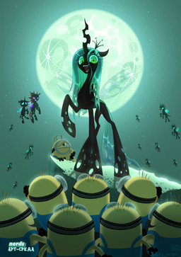 1_eye 3_fingers black_body black_clothing black_eyewear black_glasses black_gloves black_handwear black_skin blue_clothing blue_overalls clothing eyewear female feral fingers glasses gloves green_sclera group handwear hole_(anatomy) insect_wings male moon overalls turquoise_hair wings yellow_body yellow_skin polya_potato despicable_me friendship_is_magic hasbro illumination_entertainment my_little_pony pharynx_(mlp) queen_chrysalis_(mlp) thorax_(mlp) changeling_(mlp) minion_(despicable_me) absurd_res crossover hi_res