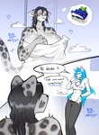 big_breasts blue_hair breasts cake clothed clothing dessert dialogue duo female food fur hair huge_breasts markings panties shirt spots spotted_body spotted_fur text tongue tongue_out topwear towel towel_only underwear wet_hair bigfatartist lilith_(bigfatartist) felid mammal pantherine hi_res