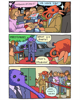 ambiguous_gender anthro autograph building camera car celebrity cellphone character_signature clothed clothing compound_eyes dialogue ear_piercing electronics exoskeleton eyewear facial_hair female glasses group male mandibles multi_eye orange_body orange_skin paparazzi phone photo piercing purple_body purple_skin red_carpet speech_bubble text vehicle writing_text beetlemoses anomalocarid anomalocaris aquatic arthropod crustacean human mammal opabinia prehistoric_species 4:5 comic english_text hi_res