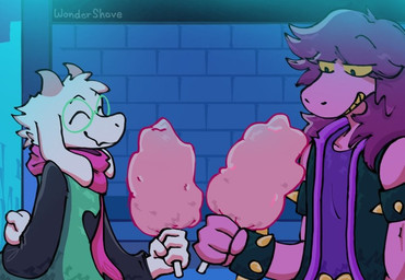 anthro black_clothing black_topwear bracelet brick_wall candy clothing cotton_candy dessert detailed_background duo eyewear female food fur glasses green_clothing green_topwear grin hair half-closed_eyes hand_behind_back happy horn jewelry male narrowed_eyes pink_body pink_scarf pink_skin purple_clothing purple_hair purple_shirt purple_topwear scarf shirt smile topwear wall_(structure) white_body white_fur wondershove deltarune undertale_(series) ralsei susie_(deltarune) bovid caprine darkner goat mammal scalie 2021