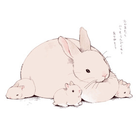 :< ambiguous_gender dewlap_(anatomy) female feral fur group holidays kemono simple_background sitting tan_body tan_fur text whiskers white_background ichthy0stega mother's_day lagomorph leporid mammal rabbit digital_drawing_(artwork) digital_media_(artwork) hi_res japanese_text translation_check translation_request mother_(lore) mother_and_child_(lore) parent_(lore) parent_and_child_(lore)