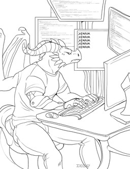 anthro bionic_arm bionics biped bottomwear clothed clothing computer computer_mouse cybernetic_arm cybernetic_hand cybernetic_limb cybernetics desk electronics frown fully_clothed furniture horn inside keyboard machine male membrane_(anatomy) membranous_wings monitor pants shirt sitting solo table topwear wings dizzy_by_design mythology nantangitan dragon mythological_creature mythological_scalie scalie 2017 line_art monochrome signature