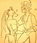 anthro duo eyes_closed half-closed_eyes hand_holding horn looking_at_another looking_at_partner male male/male music musical_note musical_symbol narrowed_eyes singing symbol wuffinarts beastars legoshi_(beastars) pina_(beastars) bovid canid canine canis caprine dall_sheep mammal sheep wolf