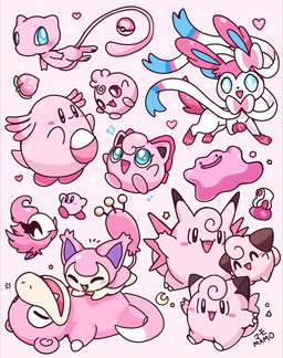 ambiguous_gender berry blue_eyes blush blush_lines bow_(anatomy) bow_ribbon claws crescent_moon duo egg eyelashes eyes_closed fangs feathered_wings feathers food fruit fur group hair heart_symbol love_ball moon musical_note musical_symbol open_mouth paws pecha_berry pink_body pink_feathers pink_fur pink_hair plant pokeball pokemon_berry potion_(pokemon) ribbons_(anatomy) simple_background solo sparkles star star_symbol symbol tail teeth trio white_body wings mamobot kirby_(series) nintendo pokemon kirby chansey clefable clefairy cleffa ditto_(pokemon) eeveelution felid feline generation_1_pokemon generation_2_pokemon generation_3_pokemon generation_6_pokemon igglybuff jigglypuff legendary_pokemon mammal mew_(pokemon) pokemon_(species) skitty slowpoke spritzee sylveon waddling_head 2025 hi_res signature