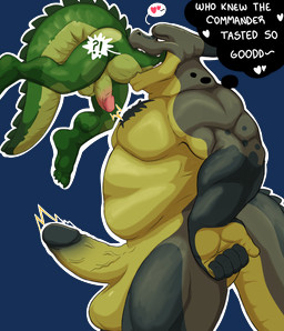 anthro anthro_pred belly big_belly big_penis duo fatal_vore genitals green_body male male/male male_pred muscular muscular_male open_mouth oral_vore organs penis rebel_(ibrfts) size_difference smile smirk stomach tail teeth text vore tamarindohusky mythology invader_(invaderthegator) alligator alligatorid crocodile crocodilian dragon mythological_creature mythological_scalie reptile scalie alpha_channel digital_media_(artwork) english_text hi_res