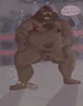 anthro balls belly black_body black_fur clothing fighting_ring flaccid fur genitals male moobs nipples overweight overweight_anthro overweight_male penis solo text underwear matchaijuice bear mammal 2020 english_text hi_res