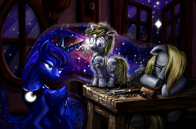 blonde_hair blue_eyes cutie_mark detailed_background eyes_closed feathered_wings feathers female feral furniture glowing group hair horn jewelry magic necklace night puppet quadruped sleeping sparkles star table tail window wings harwick friendship_is_magic hasbro my_little_pony mythology derpy_hooves_(mlp) dinky_hooves_(mlp) princess_luna_(mlp) equid equine mammal mythological_creature mythological_equine pegasus unicorn winged_unicorn hi_res