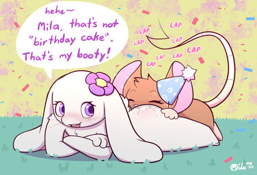 anal anthro blush bodily_fluids brown_body brown_fur butt clothing confetti dialogue duo female female/female female_rimmed female_rimming female_rimming_female fur hand_on_butt hat headgear headwear licking oral party_hat purple_eyes rimming rimming_female saliva sex speech_bubble text tongue young young_rimmed young_rimming young_rimming_young milachu92 lantha milachu house_mouse lagomorph leporid mammal mouse murid murine rabbit rodent english_text hi_res watermark adult_(lore)