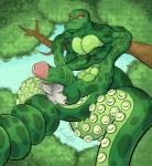 4_arms 5_fingers abs anthro apode ball_lick balls biceps big_penis bodily_fluids bound cloud coiling cum cum_on_penis detailed_background duo ears_back erection fingers fully_bound genital_fluids genitals glans green_balls green_body green_eyes green_penis green_scales green_spots holding_own_penis holding_penis humanoid_genitalia humanoid_hands humanoid_penis hypnosis larger_male legless licking male male/male markings mind_control multi_arm multi_limb muscular muscular_male nude oral outside pecs penis pink_tongue pivoted_ears plant restrained saliva scales serpentine sex size_difference smaller_male smile spiral_eyes spots spotted_body spotted_scales thick_penis tongue tongue_out tree vein veiny_penis whiskers yuu-chan_(fa) kaio shikan domestic_cat draconcopode felid feline felis mammal naga reptile scalie snake 2016 digital_media_(artwork) green_theme hi_res signature