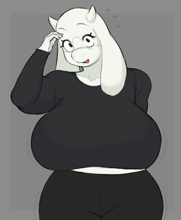 2_horns 4_fingers alternate_costume anthro bent_arm big_breasts big_eyes biped black_clothing black_leggings black_legwear black_shirt black_topwear bodily_fluids breasts claws clothed clothed_anthro clothed_female clothing collarbone curved_eyebrows cute_fangs eyebrows eyelashes fangs female finger_claws fingers floppy_ears flying_sweatdrops front_view fully_clothed fully_clothed_anthro fully_clothed_female fur geometric_background glistening glistening_eyes grey_background hand_behind_back head_tilt horn humanoid_hands iris leggings legs_together legwear light_body light_fur long_ears long_eyelashes long_sleeve_shirt long_sleeves looking_at_viewer lop_ears mature_anthro mature_female midriff motion_lines motion_outline no_pupils open_mouth open_smile pink_tongue red_eyes shirt simple_background smile smiling_at_viewer snout solo standing sweat sweatdrop teeth thick_thighs tongue topwear white_body white_claws white_ears white_eyebrows white_fur white_horn white_sclera wide_eyed lazythegoat undertale undertale_(series) toriel boss_monster_(undertale) bovid caprine goat mammal 2025 digital_drawing_(artwork) digital_media_(artwork) hi_res portrait three-quarter_portrait