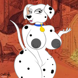 anthro areola big_breasts black_nose black_spots blue_collar breasts collar detailed_background female fur hand_on_vulva happy name_tag nipples nude smile solo spots white_body white_fur wrinkles colty8 101_dalmatians disney perdita canid canine canis dalmatian domestic_dog mammal 1:1 absurd_res hi_res