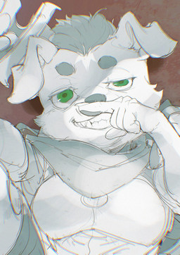 5_fingers anthro armor breastplate brown_background button_ears claws clothed clothed_anthro clothed_male clothing eyebrows fangs finger_claws fingerpads fingers floppy_ears fur gesture green_eyes grey_eyebrows grey_hair hair hand_gesture holding_melee_weapon holding_object holding_sword holding_weapon looking_at_viewer male melee_weapon pawpads pupils simple_background smile smiling_at_viewer solo sword teeth toothy_grin weapon white_body white_fur white_sclera chiayeeee canid canine canis domestic_dog mammal 2024 bust_portrait chromatic_aberration digital_drawing_(artwork) digital_media_(artwork) hi_res portrait