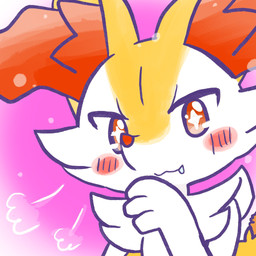 :3 ambiguous_anthro ambiguous_gender anthro biped blush blush_stickers bodily_fluids breath drooling food front_view hand_to_face looking_at_viewer object_in_tail pink_background saliva shrimp_(food) simple_background solo sparkles sparkling_eyes tail annyui0611 nintendo pokemon braixen canid generation_6_pokemon mammal pokemon_(species) 1:1 2024 bust_portrait digital_drawing_(artwork) digital_media_(artwork) hi_res japanese_description portrait translated_description