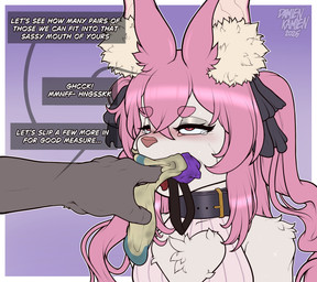 anthro bangs big_ears black_collar blush bodily_fluids body_worship bow_tie clothing collar crying degradation dirty dirty_clothing dirty_socks dirty_talk dirty_underwear dominant dominant_anthro duo eye_roll eyebrows faceless faceless_anthro faceless_character faceless_male fluffy_ears footwear fur gag gag_sequence gagged gagging hair half-closed_eyes humiliation jockstrap jockstrap_in_mouth laundry male male/male musk musk_worship muzzle_(object) muzzled narrowed_eyes pink_eyes pink_hair pink_nose ponytail scent scent_play scentplay smelly sniffing sniffing_clothes sock_gag sock_in_mouth sock_sniffing socks speech_bubble stuff_gag submissive submissive_anthro submissive_male sweat sweatdrop tears text training underwear white_body white_fur damienkamien trinity_the_bat bat mammal absurd_res english_text hi_res