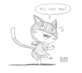 animal_genitalia animal_penis anthro anus backsack balls blush butt chibi dialogue embarrassed feline_genitalia feline_penis fur genitals kerchief looking_back male markings mask penis solo tail tail_markings text sl350 atlus megami_tensei persona_(series) persona_5 sega morgana_(persona) domestic_cat felid feline felis mammal tuxedo_cat english_text hi_res monochrome