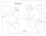 anthro bent_over big_breasts big_butt biped blush breasts butt butt_size_difference dialogue duo female huge_butt nipples nude onomatopoeia simple_background sound_effects text thick_thighs white_background jwinkz bear mammal 2025 english_text hi_res monochrome