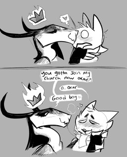 anthro black_sclera blush bodily_fluids dialogue duo female good_boy hand_on_cheek heart_symbol horn kissing male male/female occult_symbol pentagram saliva saliva_string symbol text keadanger bapho_(keadanger) baphomet_(deity) bovid caprine caprine_demon deity demon goat_demon mammal 2021 english_text greyscale hi_res monochrome