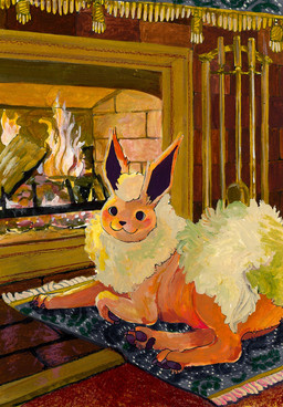 :3 ambiguous_gender black_eyes brick_wall brown_claws carpet claws feral fire fireplace floor fur orange_body orange_fur quadruped solo wall_(structure) white_body white_fur wood wood_floor poodlewool nintendo pokemon eeveelution flareon generation_1_pokemon pokemon_(species) 2025 hi_res